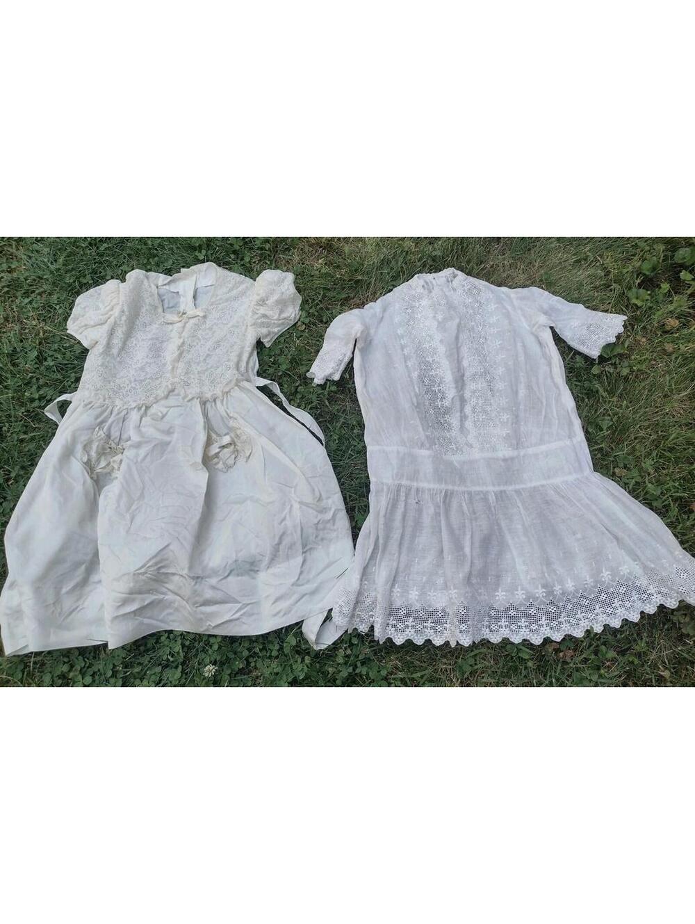 Set Of 2 Antique Estate Handmade Girls Dresses Edwardian Cotton & Taffeta Lace